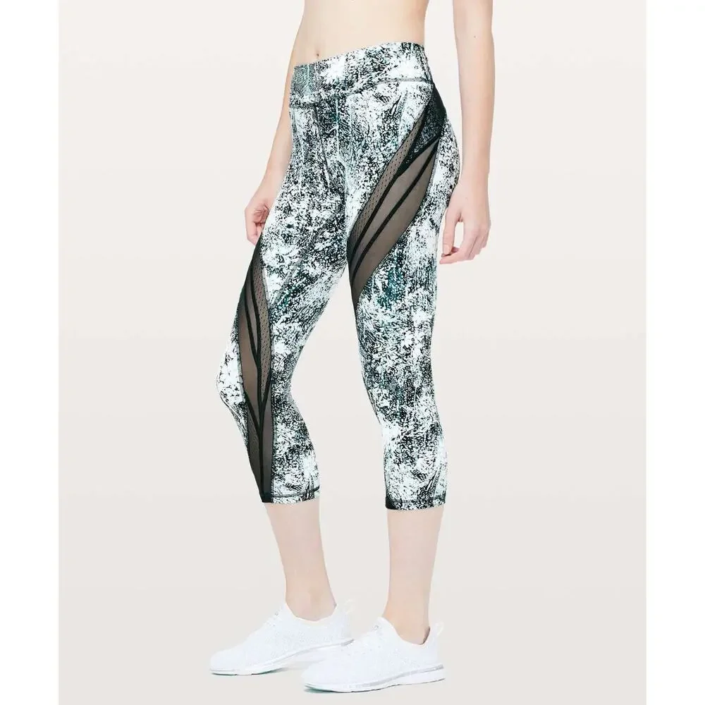 Lululemon Never Still Crop 21" Leggings Wildwood White Nocturnal Teal Mesh Sz 6 - Picture 3 of 12
